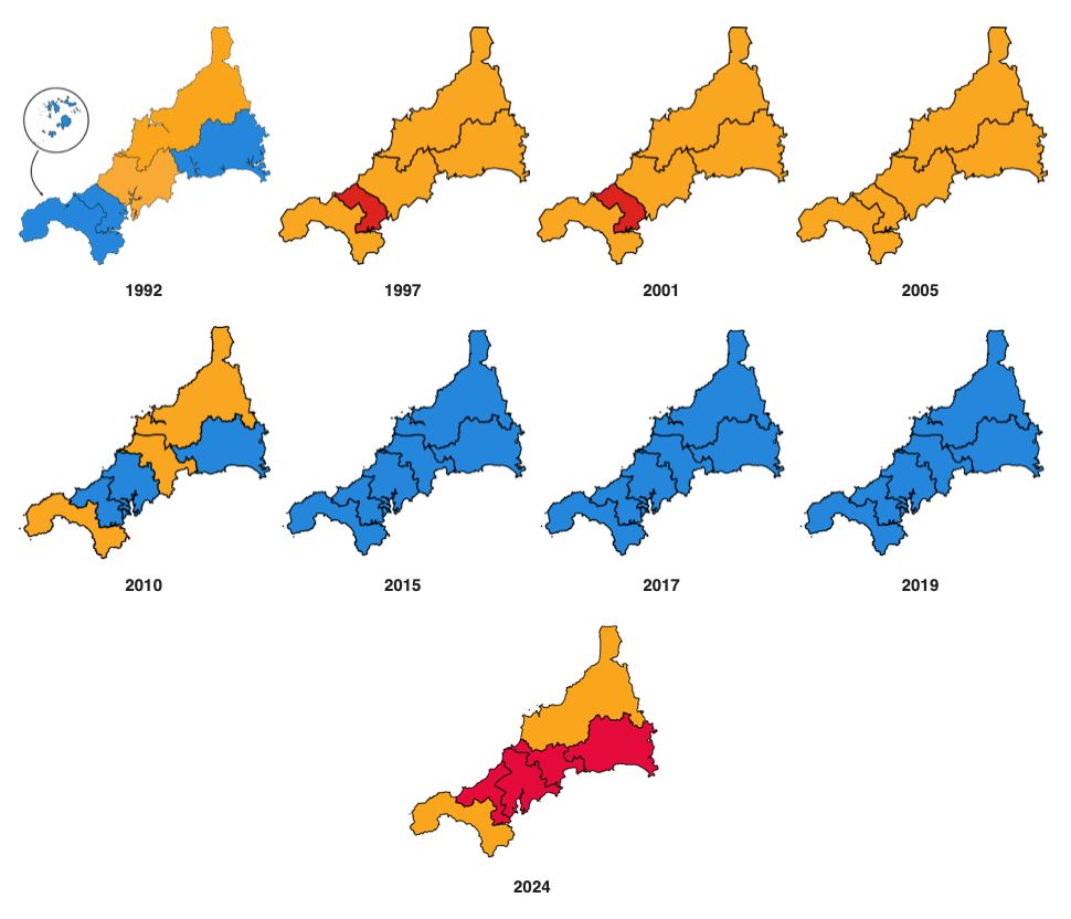 Historical voting of Cornish constituencies: 
1992: Con/LD

1997 LD/Lab 

2001 LD/Lab 

2005 LD

2010 LD/Con 

2015 Con

2017 Con 

2019 Con 

2024 LD/Lab