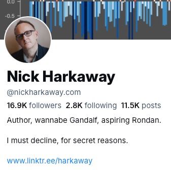 Profile screencap: my profile pic, name, the beginning of the climate crisis stripes which is my banner. Profile text: "Author, wannabe Gandalf, aspiring Rondan."
