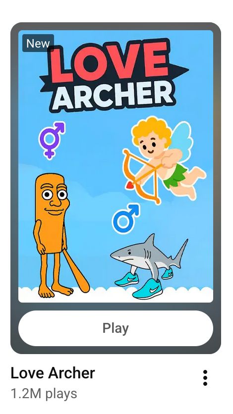 Game: Love Archer. The meager cover art shows a cherub pointing a bow at a shark with shoes, labelled with the male symbol, and an orange thing with a face and a bat, labelled... transgender...?