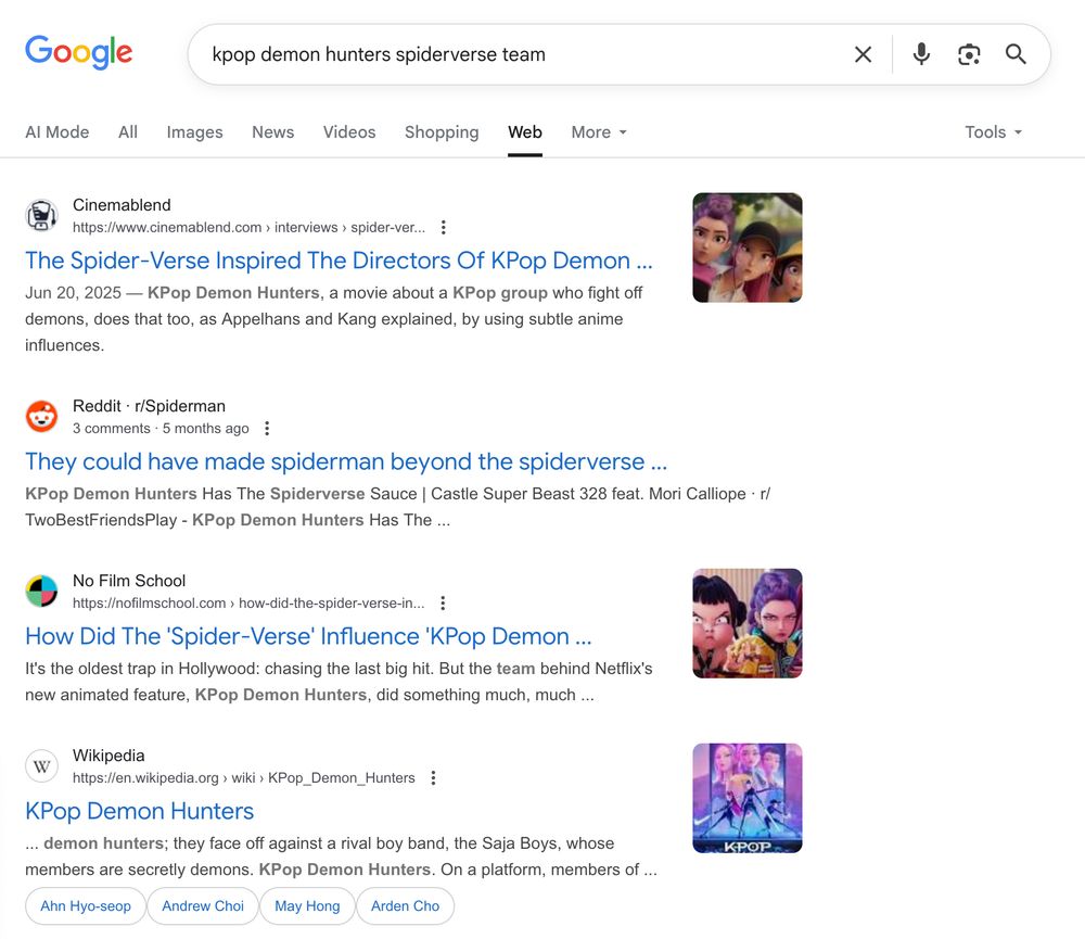 Google search for "kpop demon hunters spiderverse team". There's 4 results, this time with a lighter, less purple blue as the link text.