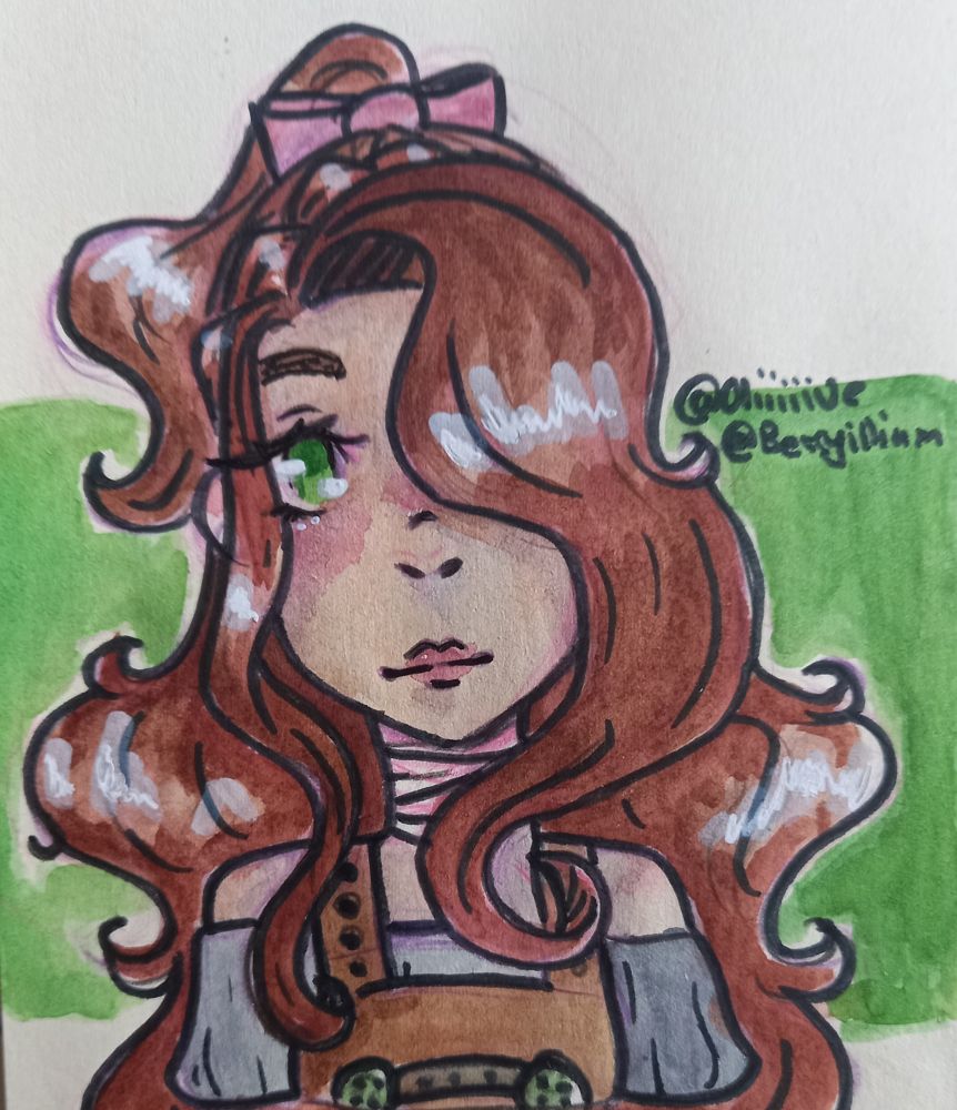Bust up watercolour portrait of my Character Melody.
It's a rough drawing so you can still see the scetch lines.
Melody has brown curly hair, light skin and green eyes.
She wears her Hair in an half up do and has a braided wreath behind her front parts.
Her left eye is covered by a big curl.
She wears a light pink bow in her Hair, bandages around her neck, and an off shoulder grey shirt with an brown corset over it.
The background is green.