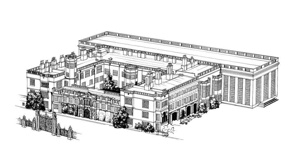 A large stately home in black white sketch style, with elegant gates at the front.