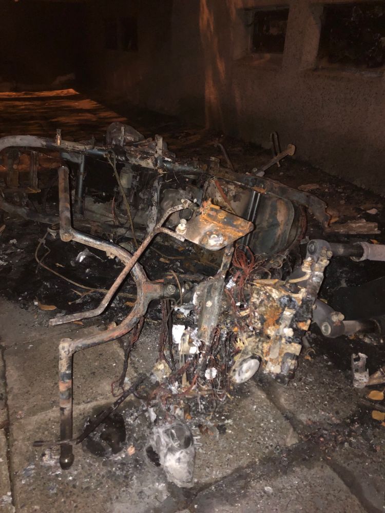 today while coming home from school I found a motorcycle in front of my apartment building. the backstory of this is unknown, but it was suggested by the neighbours that it was thrown from the second story and imploded on impact 