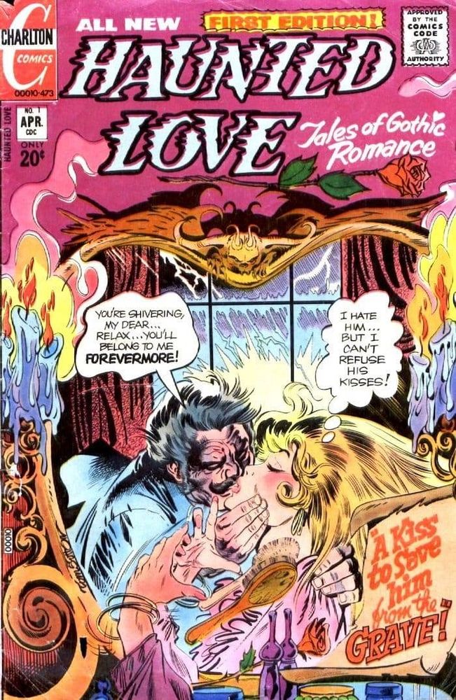 A pair, flanked by two chandeliers, is kissing each other in front of a window inside a house, while outside a windstorm is raging. He states "You're shivering, my Dear... Relax... You'll belong to me forevermore!", while she thinks "I hate him... But I can't refuse his kisses!" 