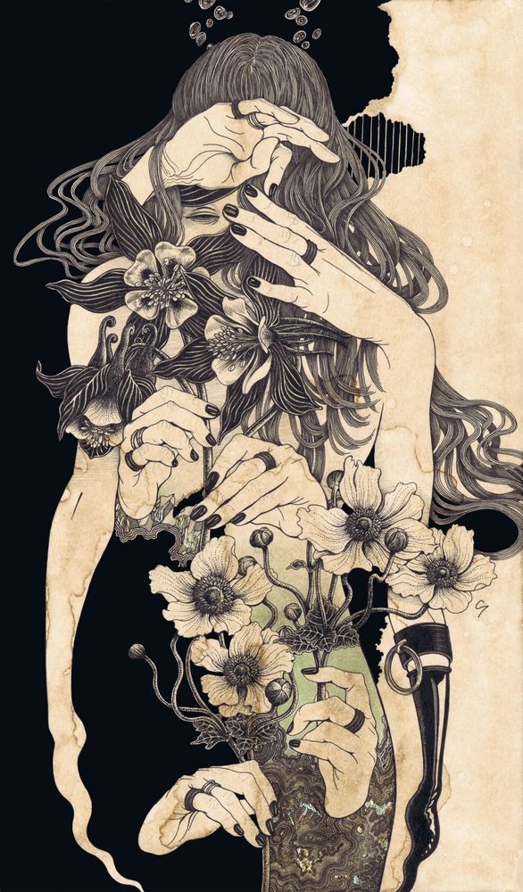 b&w drawing of a woman with flowing hair and several hands about to position some flowers