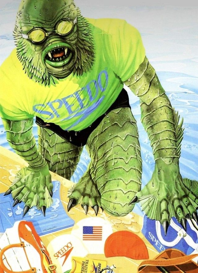 amphibian creature in swimming goggles, speedo shirt, and bathing trunks, arriving at a gangplank stuffed with speedo related utilities 