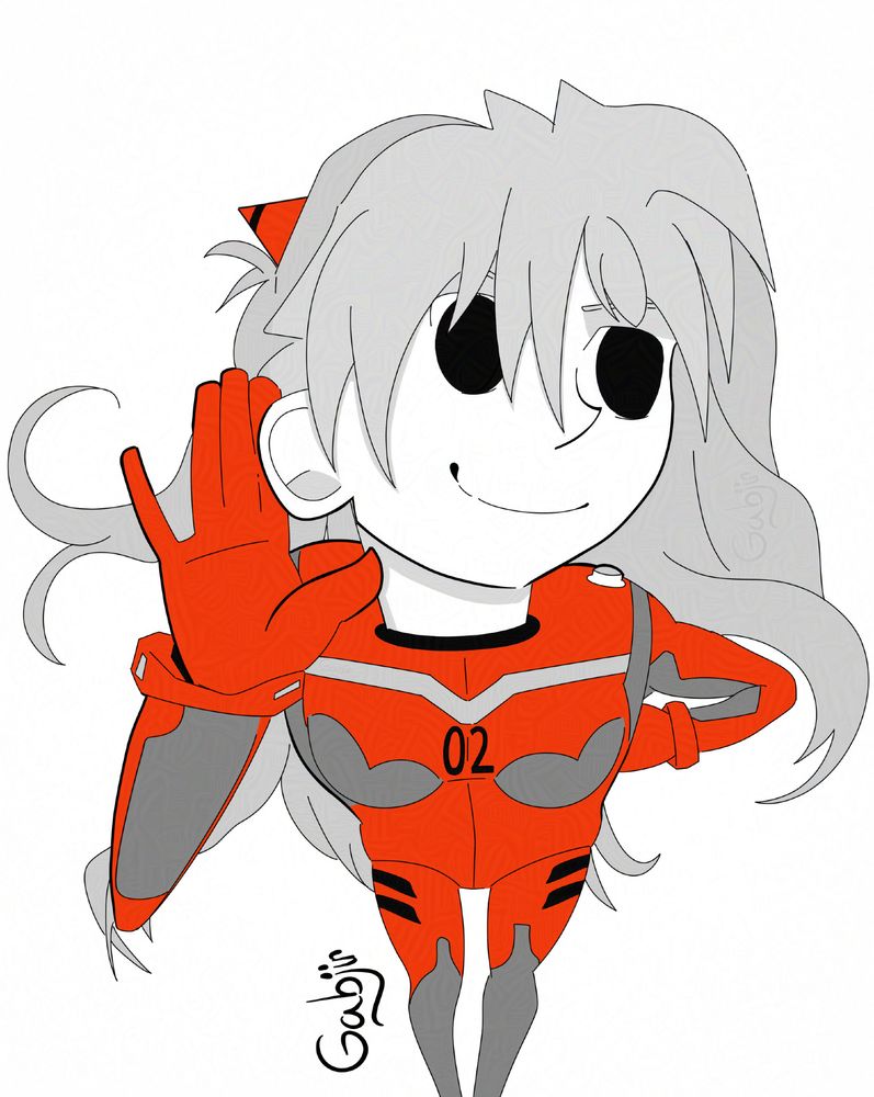 The drawing is in tones of greys, except for the suit, gloves and triangle thing in the hair.
Asuka is standing up, a hand behind her hair, smiling. Her hair is flowing around her.
