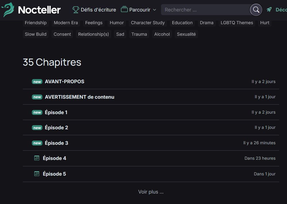 Une capture d'écran du site Nocteller et de la page de Les 4 Catas. On peut voir les tags liés à l'histoire, mais surtout la liste des chapitres : le site en détaille 35. Certains sont déjà disponibles et les autres sont programmés.