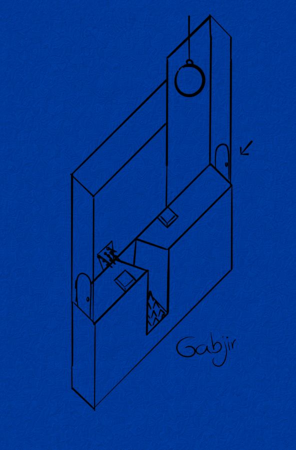 un petit morceau d'environnement, on voit une porte de chaque côté pour entrer et sortir, il y a des dalles aux salles qui activent des pièges et et un fossé garni de piques au milieu.