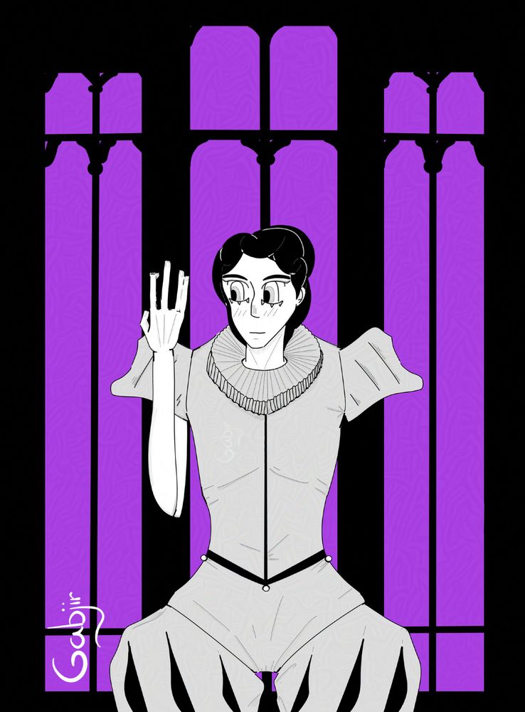 Through tall but narrow windows, one can see a purple sky, the interior of the room : the frames and walls are black and standing in front of them is a woman. She's wearing a circus outfit and staring at her raised right hand. She's missing her left arm.