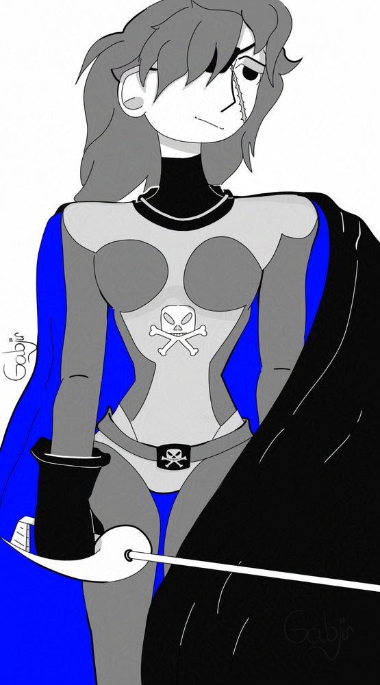 A woman standing. Her face is solemn, a bit sad. A scar crosses her face and an eye patch covers one of her eyes. She's wearing a suit on which there's a skull and bone symbol, the same pirate symbol is on her belt. The wind is playing with her hair, the same way it's playing with her cape, draping part of her body behind it. The inside of the cape is of a bright blue, the only colour on the picture, contrasting with tones of gray and black. Her gloves hand is holding a sword.