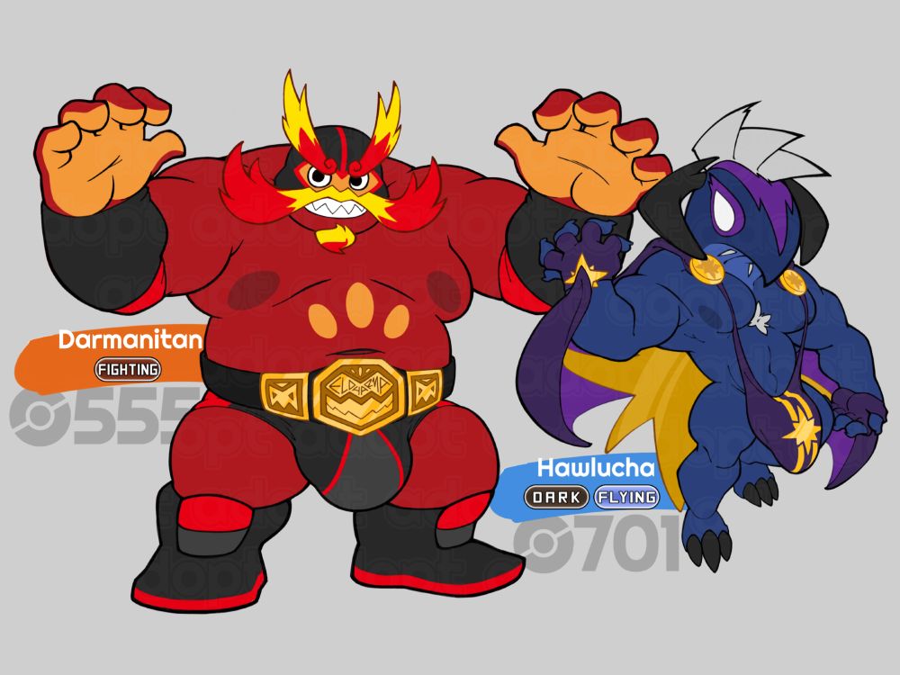 A pair of OC adopts inspired by Pokémon Darmanitan and Hawlucha.