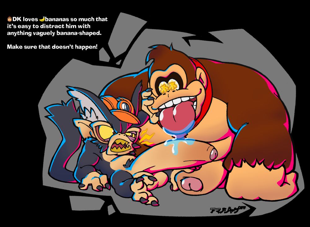 An NSFW illustration of Donkey Kong and Void Kong from Donkey Kong Bananza in the style of the game's loading screen art.

Void Kong is seen laying on his back, with a sprawling erection between his legs. DK is looming on top of him, mesmerized by the size and also hard. Void is angrily pushing DK's face away, but can't stop the bigger Kong from drooling directly on top of his cock.

"DK loves banas so much that it's easy to distract him with anything vaguely banana-shaped. Make sure that doesn't happen!"