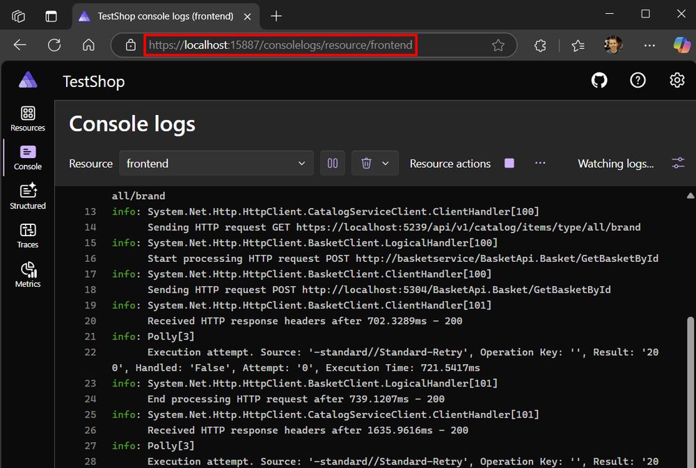 Screenshot of the console logs page with the cleaned up URL highlighted.