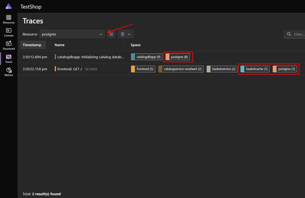Screenshot of Aspire dashboard. The traces page shows outgoing resources.