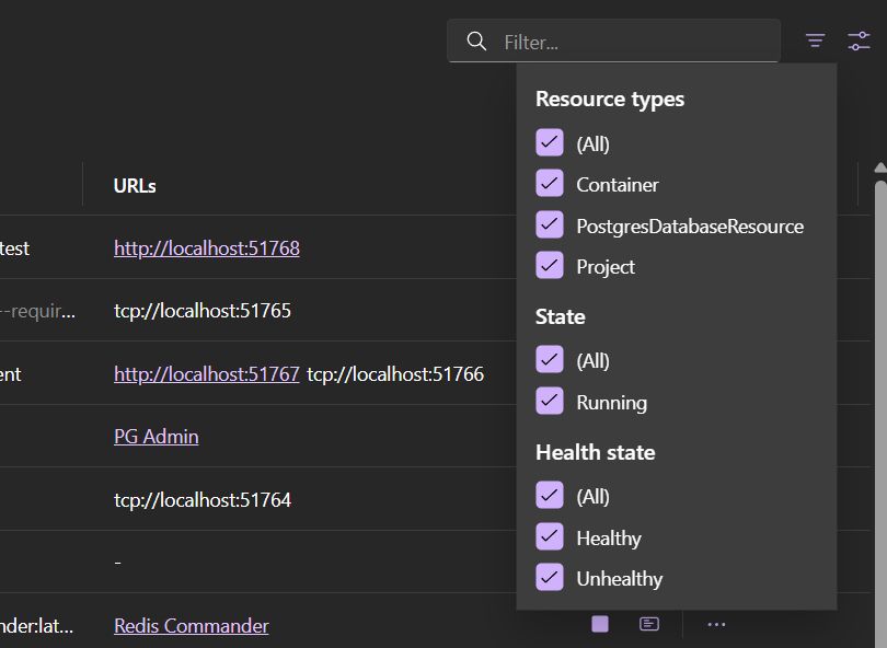 Screenshot of the resources page with the filters popup open.