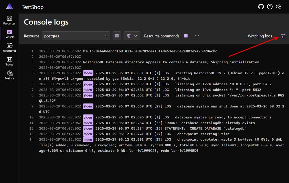 Console logs page with options icon.
