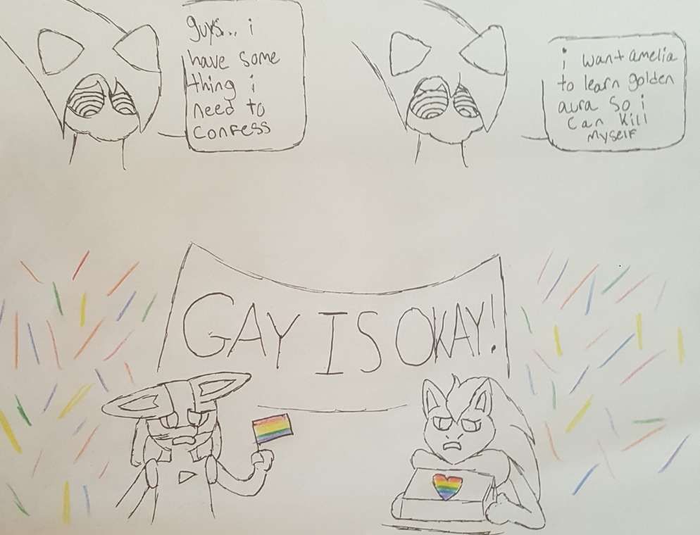 A mew is confessing to a lucario and zoroark that he wants the lucario to learn a powerful move that can kill him, while the lucario and zoroark threw a party thinking the mew was gay