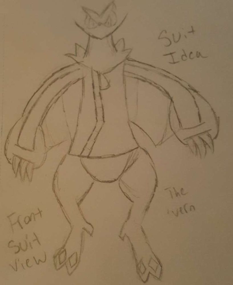 A noivern wearing a Banette themed vest-suit, where the front part zips up, and the arms are designed to cover the arm portion of their wings, with a slot for their claws to go through.