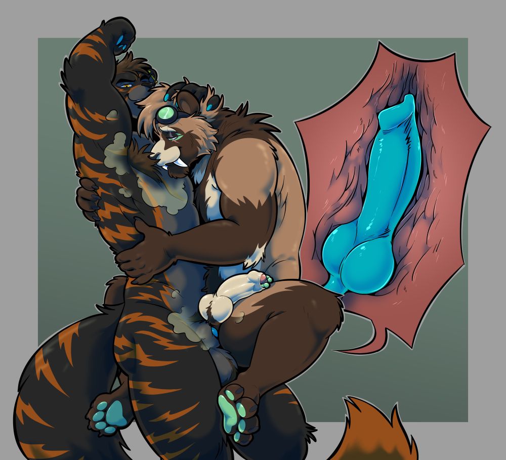 Felix holding up and shoving Koji into his musky armpit while the big tiger-fox knots him (internal shot)