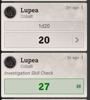 A roll history for a player's 2 rolls. The first is a 20. The second is an Investigation skill check that reads 27 (Natural 20).