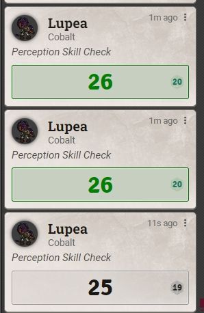 A roll history for a player's perception checks. It reads 26 (Natural 20), 26 (Natural 20), and 25 (Natural 19)