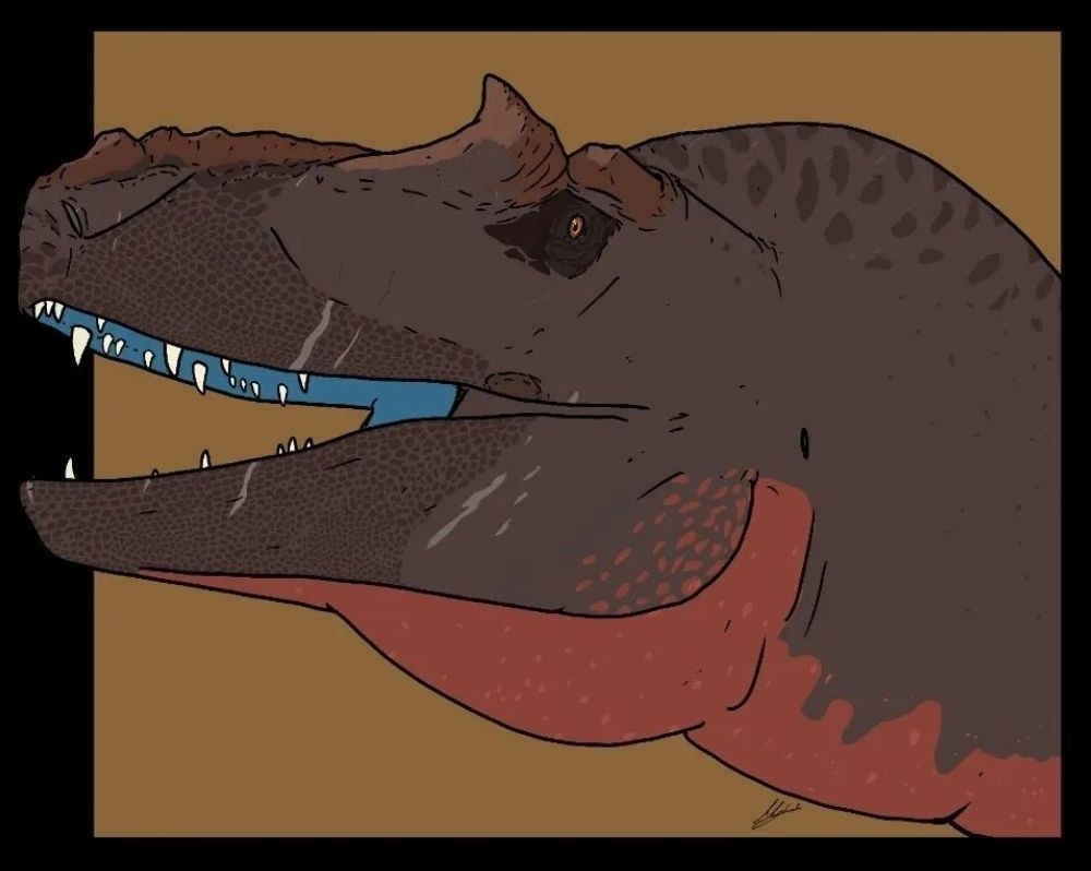 Art of Gorgosaurus. This individual is brown in colour with a red throat and blue interior of the mouth