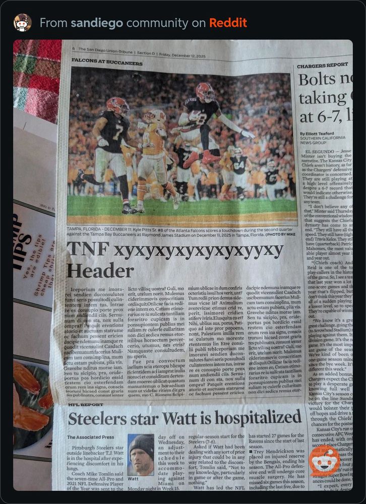 A newspaper article about a Thursday Night Football game … or it would be, if it weren’t gibberish Lorem Ipsum placeholder text.