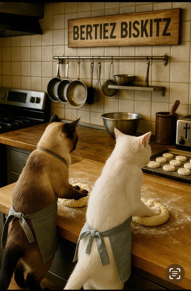 2 cats standing side by side kneading biscuit dough. 