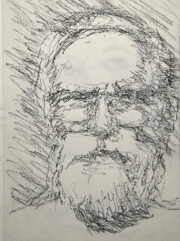 Pencil sketch self-portrait on Bristol paper done while house sitting for my friend this past summer: male with white hair, moustache, and goatee, wearing glasses in bright morning sunlight. Kelly and I were neighbors and for about 10 years and continue as friends after I sold the farm when it no longer served my purposes. She left me half a dozen pre-rolled joints for taking care of her chickens, cats, and dog while she was away. 