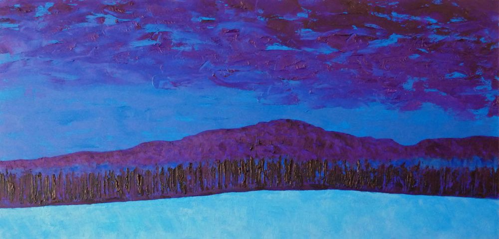 Painting of a cloudy night sky over mountains in the distance, forest in the middle distance, and snow fields reflecting the cloudy sky, all rendered in purple and blue hues.