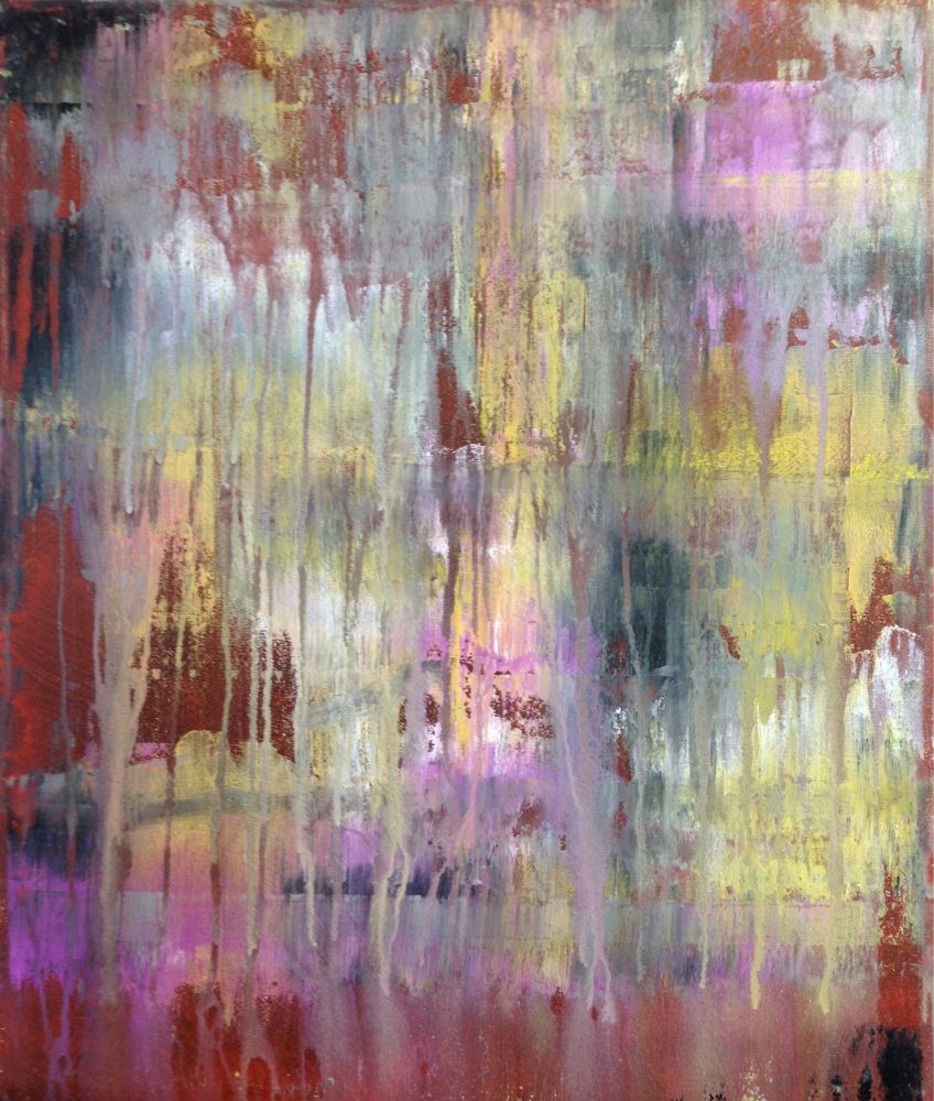 Purple and yellow colors dripping as if rain on a window. Acrylic on canvas. Original work by poster.