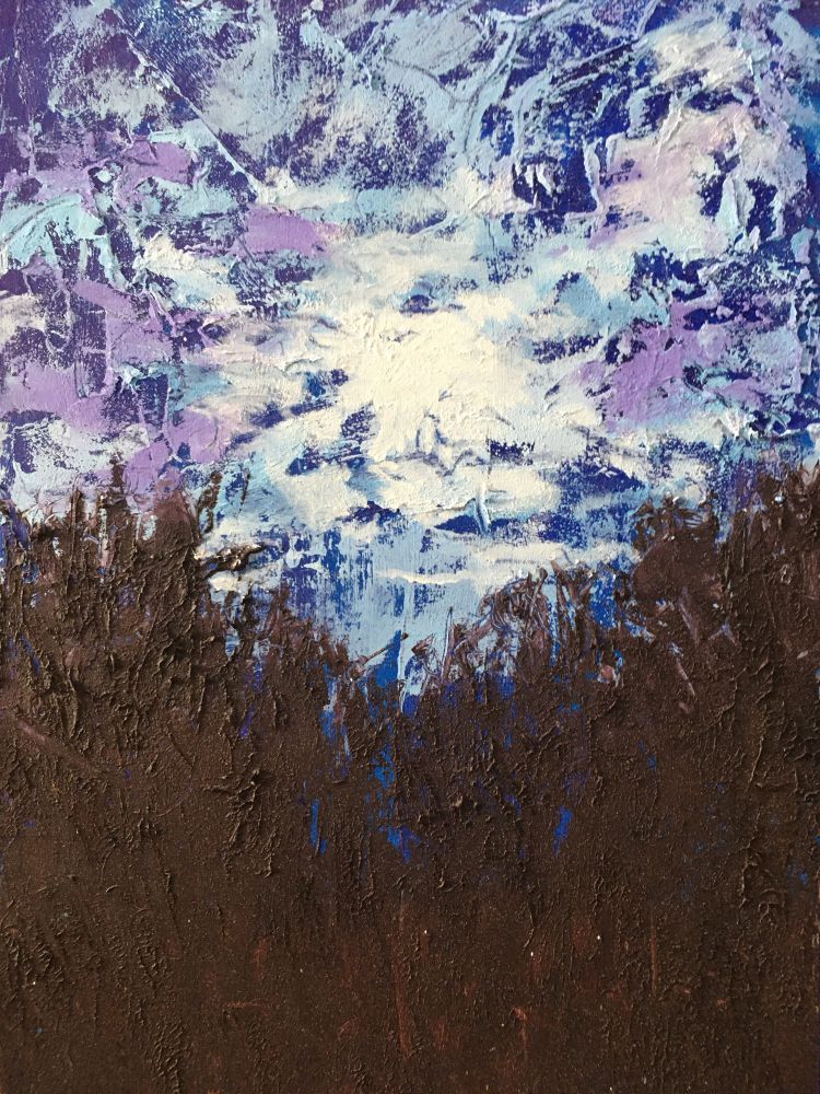 Moonlight through clouds over woods in the dark. Original artwork by the poster.