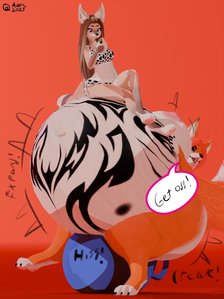 Akari (top fennec) sitting on her sister's belly as she inflates. Her sister (Hydra) begging Akari to get off as she can feel a ton of pressure inside of her.