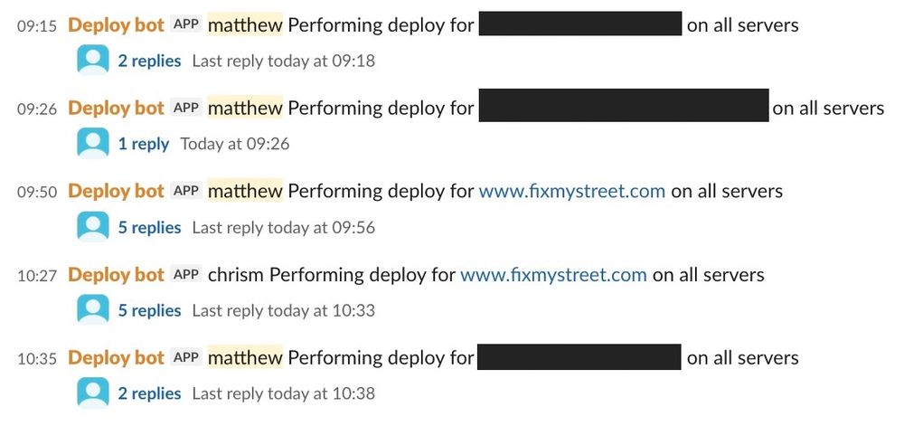 Screenshot of a Slack channel showing some deploys of sites this morning (staging sites redacted); each deploy kicked off is a message, and each server deploy leaves a reply in the message’s thread