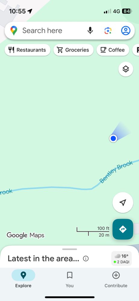 Google Maps, near Bentley Brook in Matlock, the dot is in the middle of an empty green space with no paths marked 