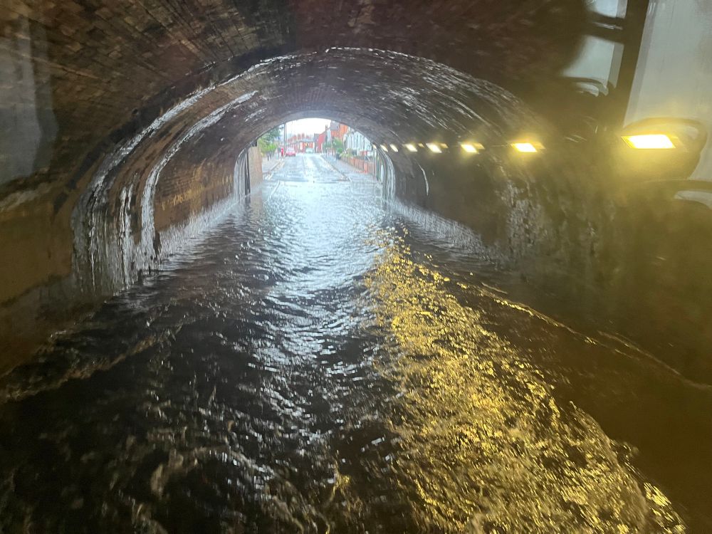 The tunnel under the cross city railway line and canal, totally flooded 