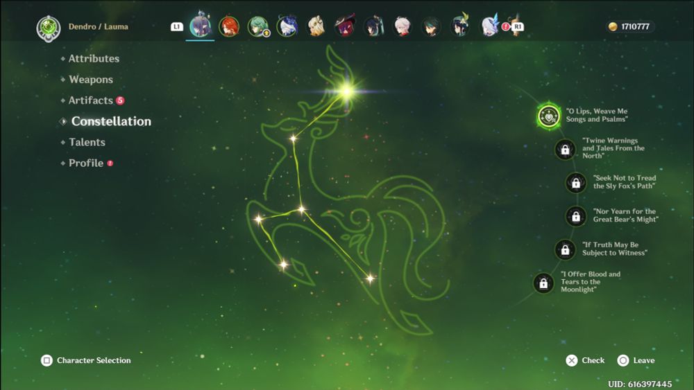 Genshin impact screenshot of the character Lauma's constellation screen. The first constellation is lit up.