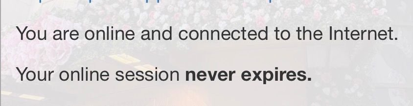 screenshot says: 
“ You are online and connected to the Internet.
Your online session never expires.”