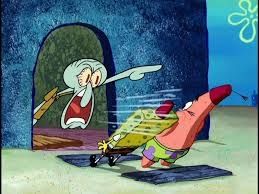 Screenshot of Squidward yelling at SpongeBob and Patrick. 