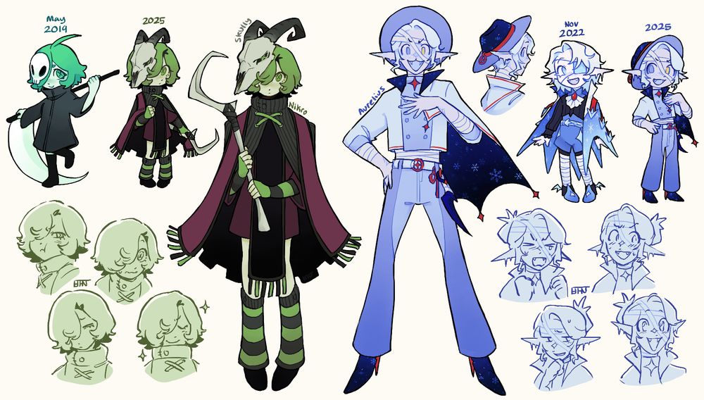 Redesigns of the characters Nikro and Aurelius with little chibi comparisons of their older designs next to them- Nikro's original design being from 2019, and Aurelius being from 2022. There are also expression sketches of both. 