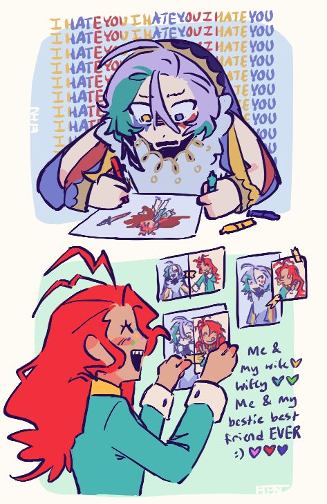 Tania drawing a gorey picture of Noemi, dead, while repeating "I HATE YOU" over and over again.
Meanwhile Noemi tapes pictures of herself over photos of Tania saying "Me & my wife! Wifey! Me & my bestie best friend EVER :)"