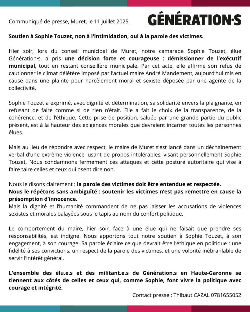 Communiqué de presse en soutien à notre camarade, menacée en conseil municipal pour son soutien à une employée municipale victime de VSS. 