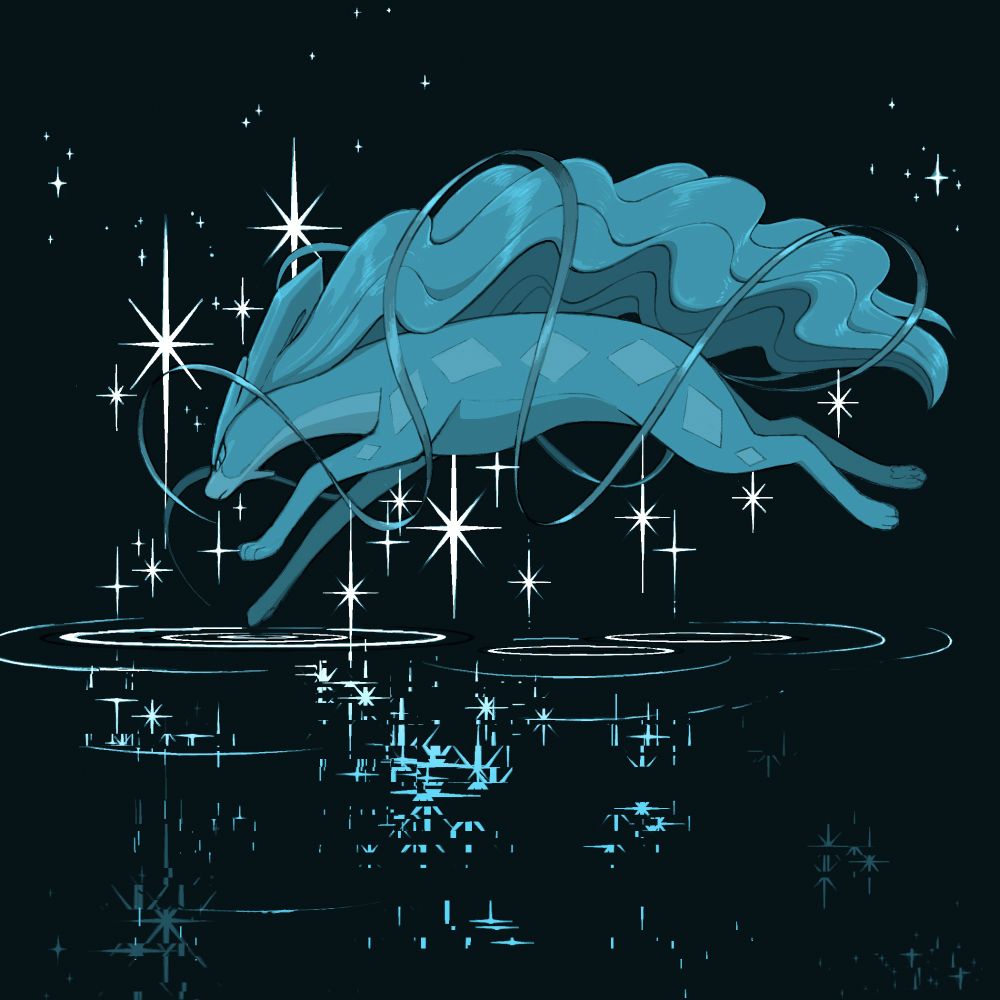 digital artwork of Suicune, drawn using only black, blue and white. Suicune leaps across water, surrounded by sparkles.