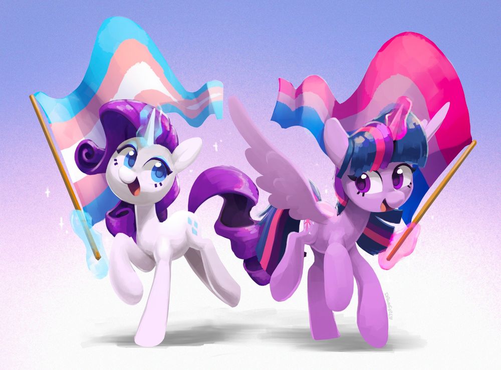Rarity and Twilight Sparkle, smiling, Rarity holding up a trans pride flag with her magic, and Twilight holding up a bi flag with hers.