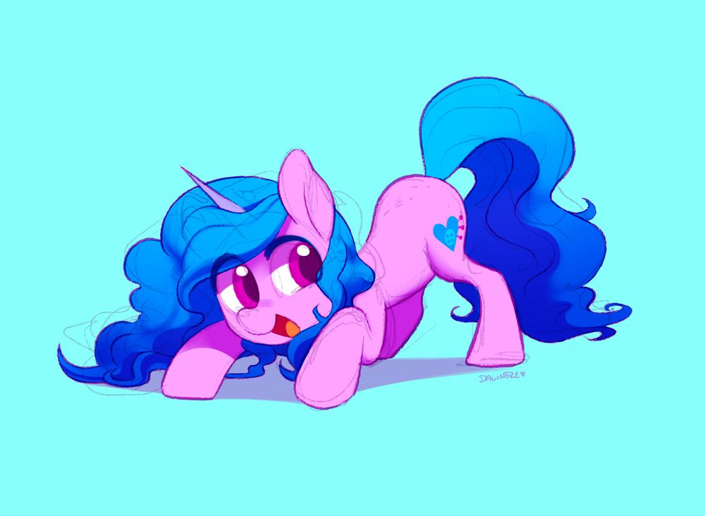 digital artwork of Izzy Moonbow from MLP G5, smiling and shaking her tail.