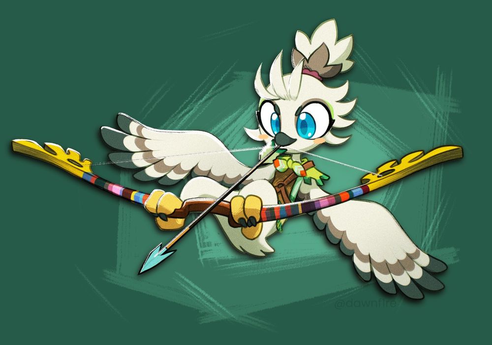 Tulin from Legend of Zelda: tears of the kingdom. He holds up his bow, and draws back his arrow in his beak.