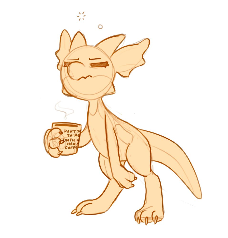 a grumpy kobold with a cup of coffee in their hand