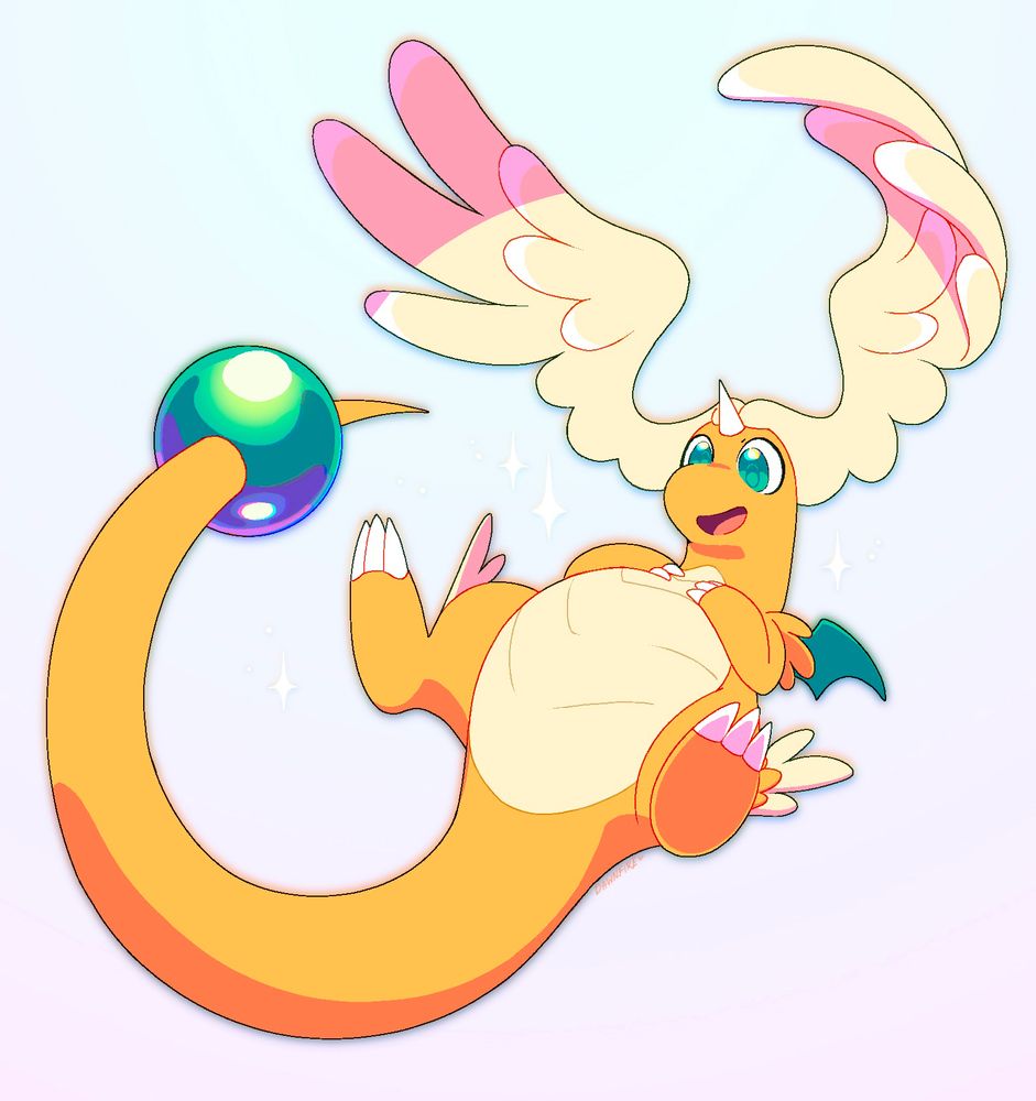 a digital artwork of mega dragonite, head-wings spread out, smiling and jolly!