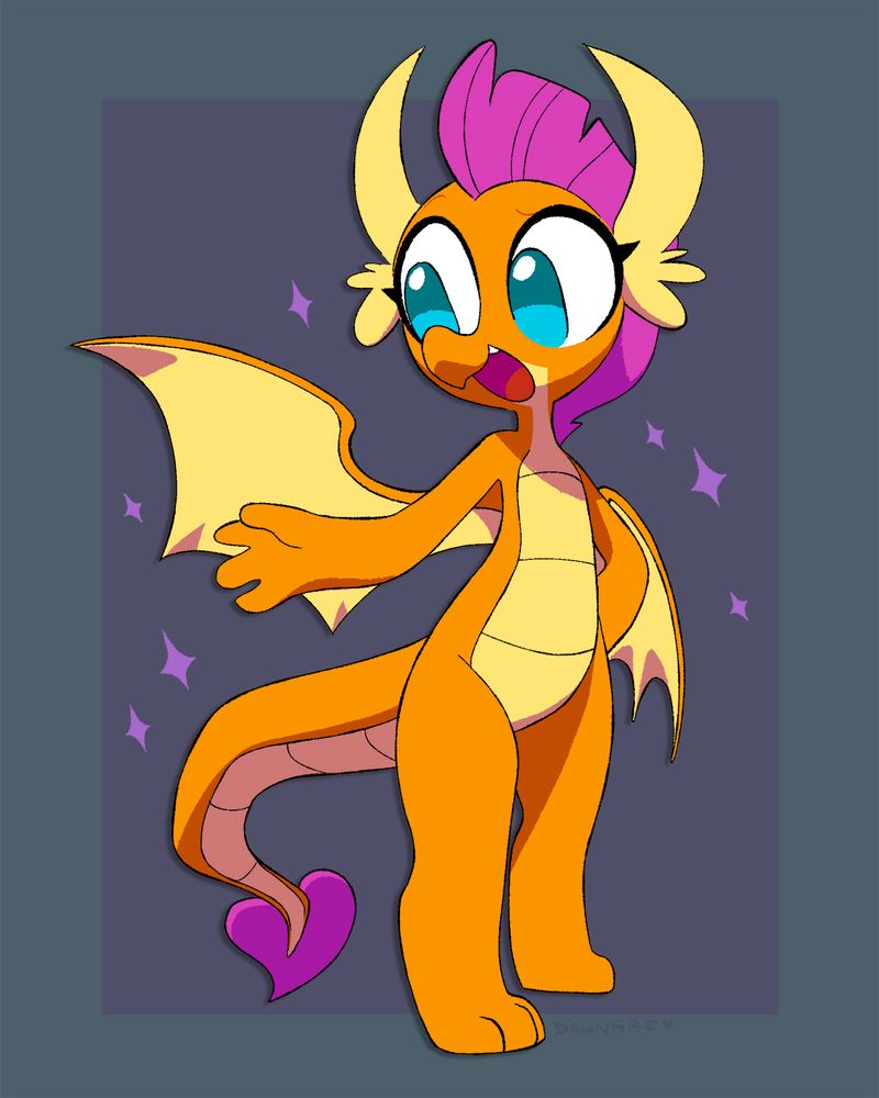 Smolder from My Little Pony: Friendship is Magic. She is smiling, has her arm outstretched, and is holding open one of her wings.